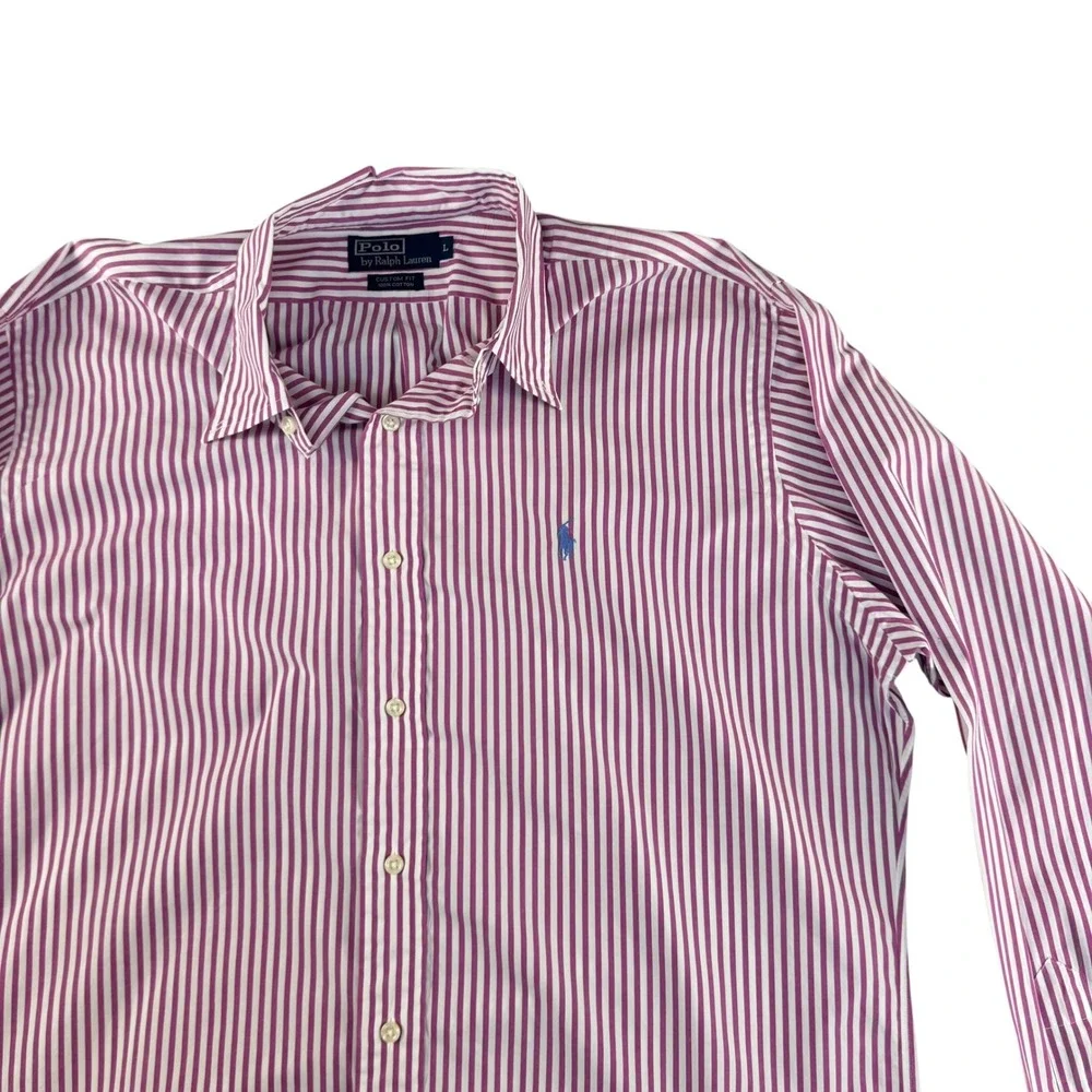 Polo Ralph Lauren Mens Large Custom Fit Striped Button Down Shirt Purple White